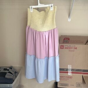 SHEIN Yellow Smocked Strapless Colorblock Dress with Pink & Light Blue Tiers